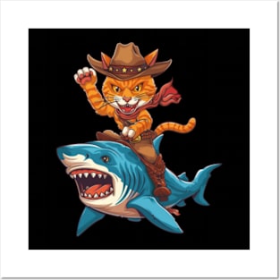 Cat Riding Shark Oceanic Discovery Posters and Art